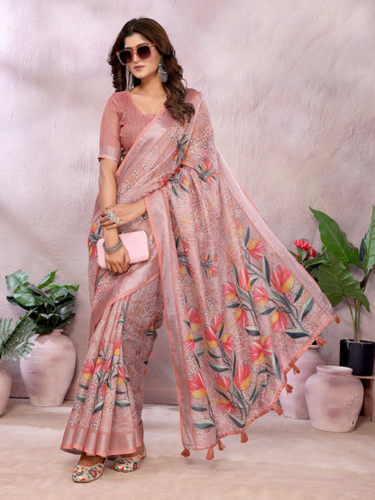 Peach Floral Printed Shimmer Linen Cotton Saree for Women