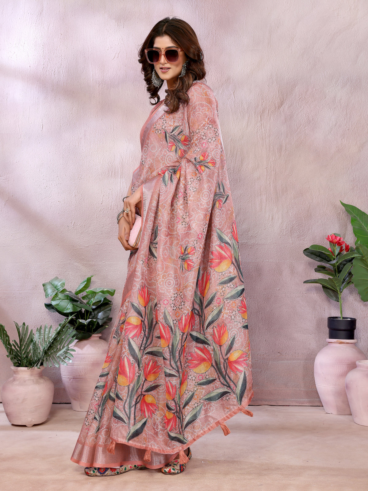 Peach Floral Printed Shimmer Linen Cotton Saree for Women