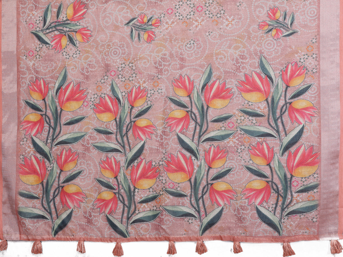 Peach Floral Printed Shimmer Linen Cotton Saree for Women