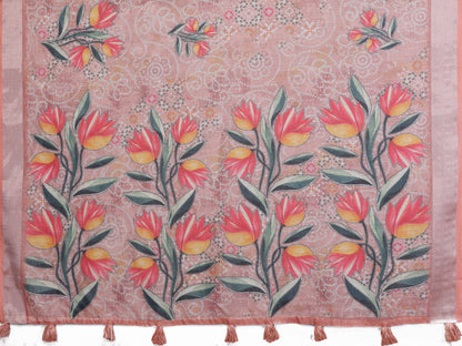 Peach Floral Printed Shimmer Linen Cotton Saree for Women