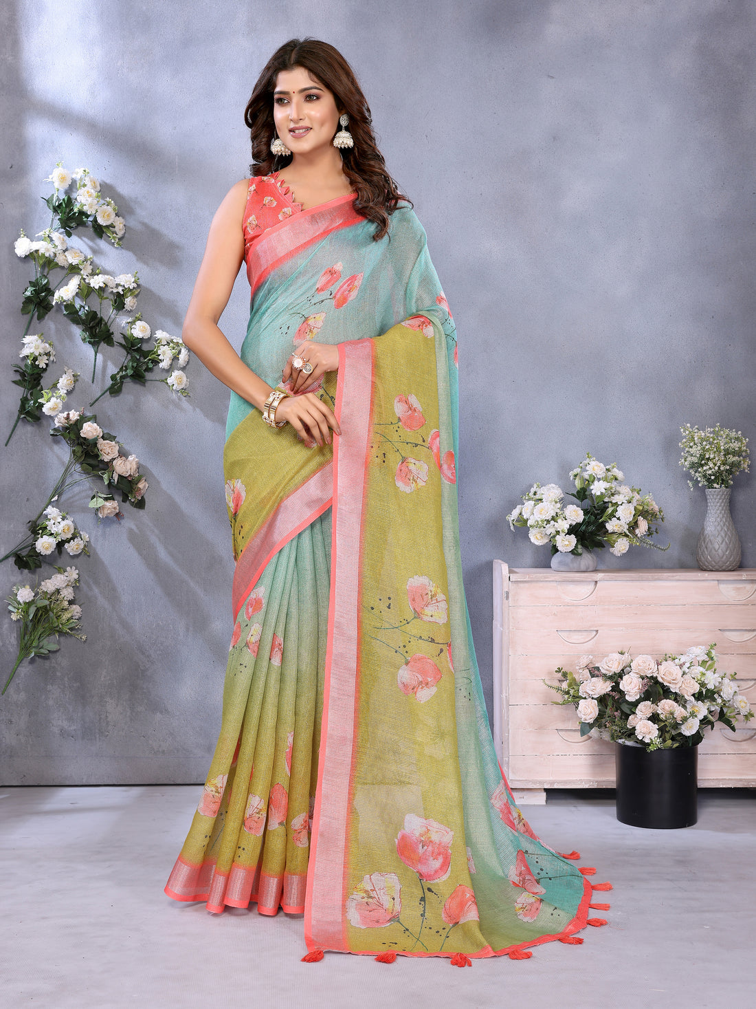 Mint Green Floral Printed Shimmer Linen Cotton Saree for Women