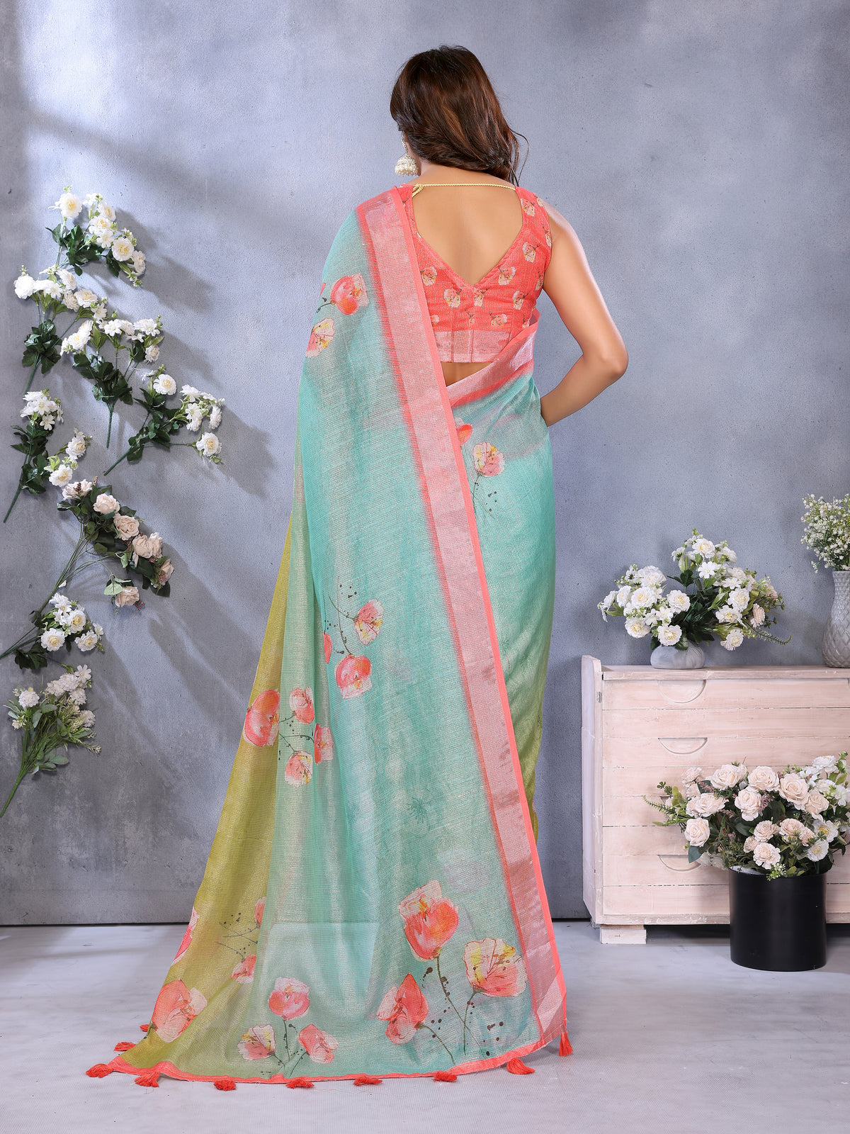Mint Green Floral Printed Shimmer Linen Cotton Saree for Women