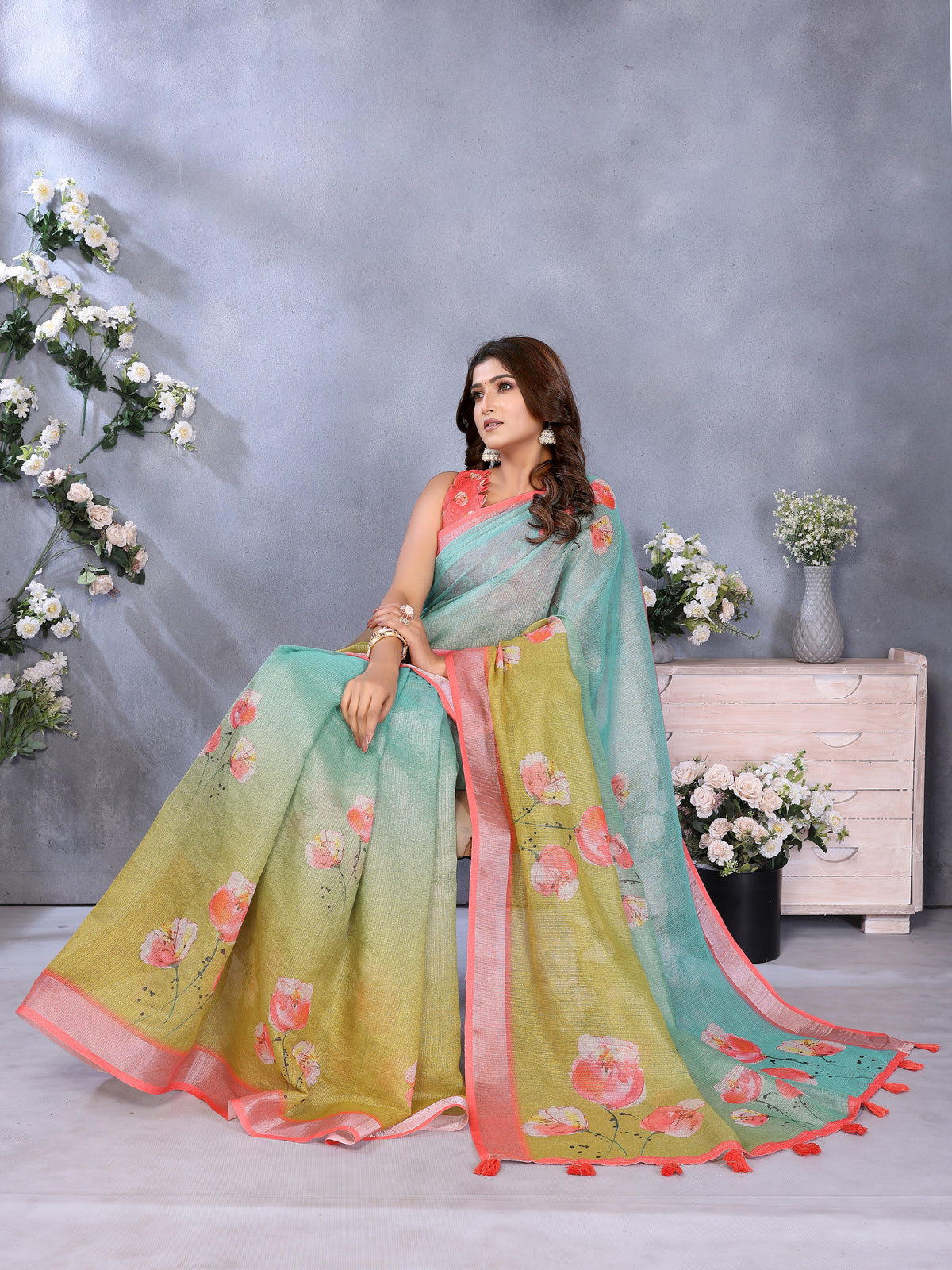 Mint Green Floral Printed Shimmer Linen Cotton Saree for Women