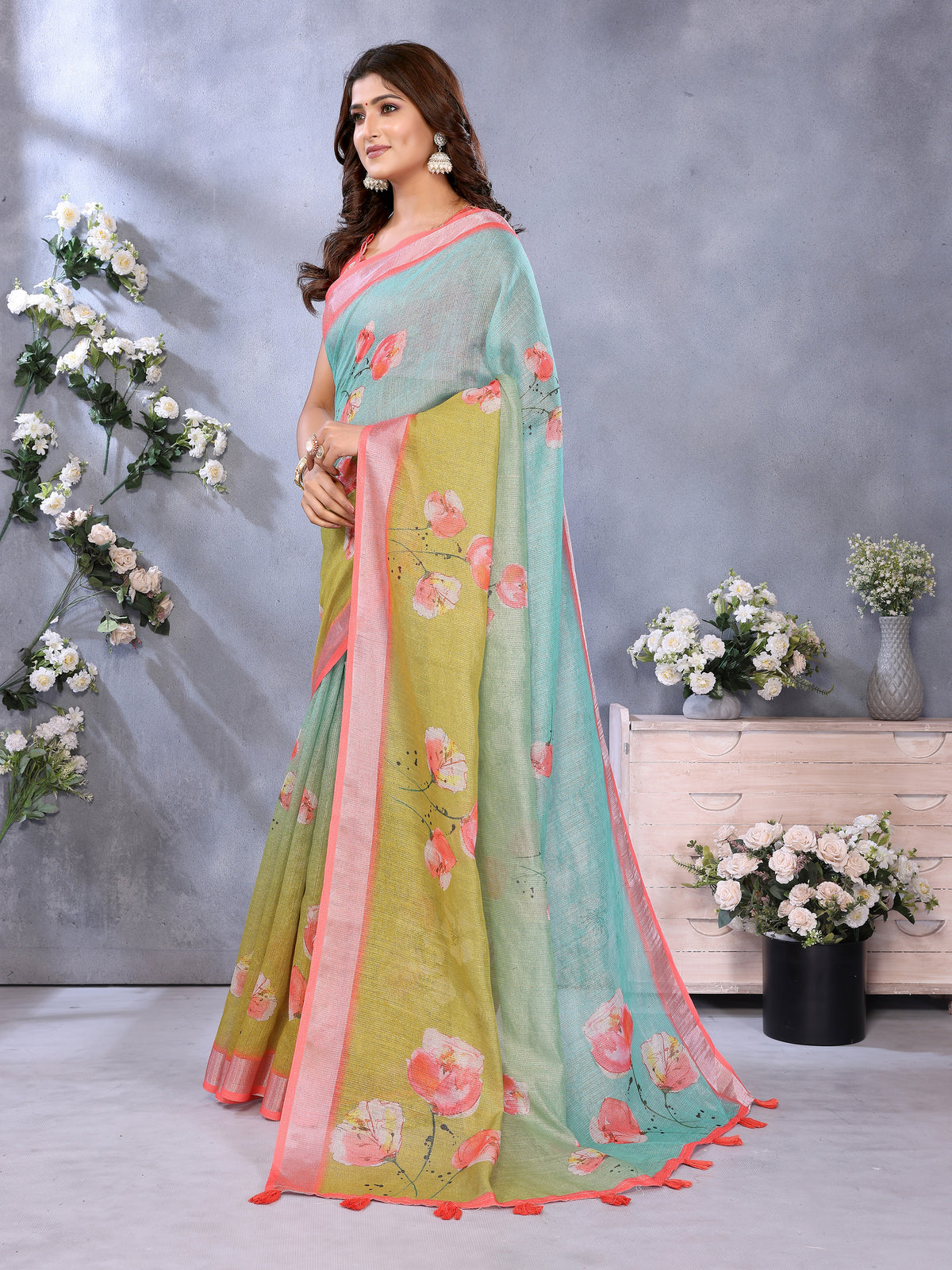 Mint Green Floral Printed Shimmer Linen Cotton Saree for Women