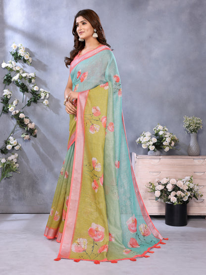 Mint Green Floral Printed Shimmer Linen Cotton Saree for Women