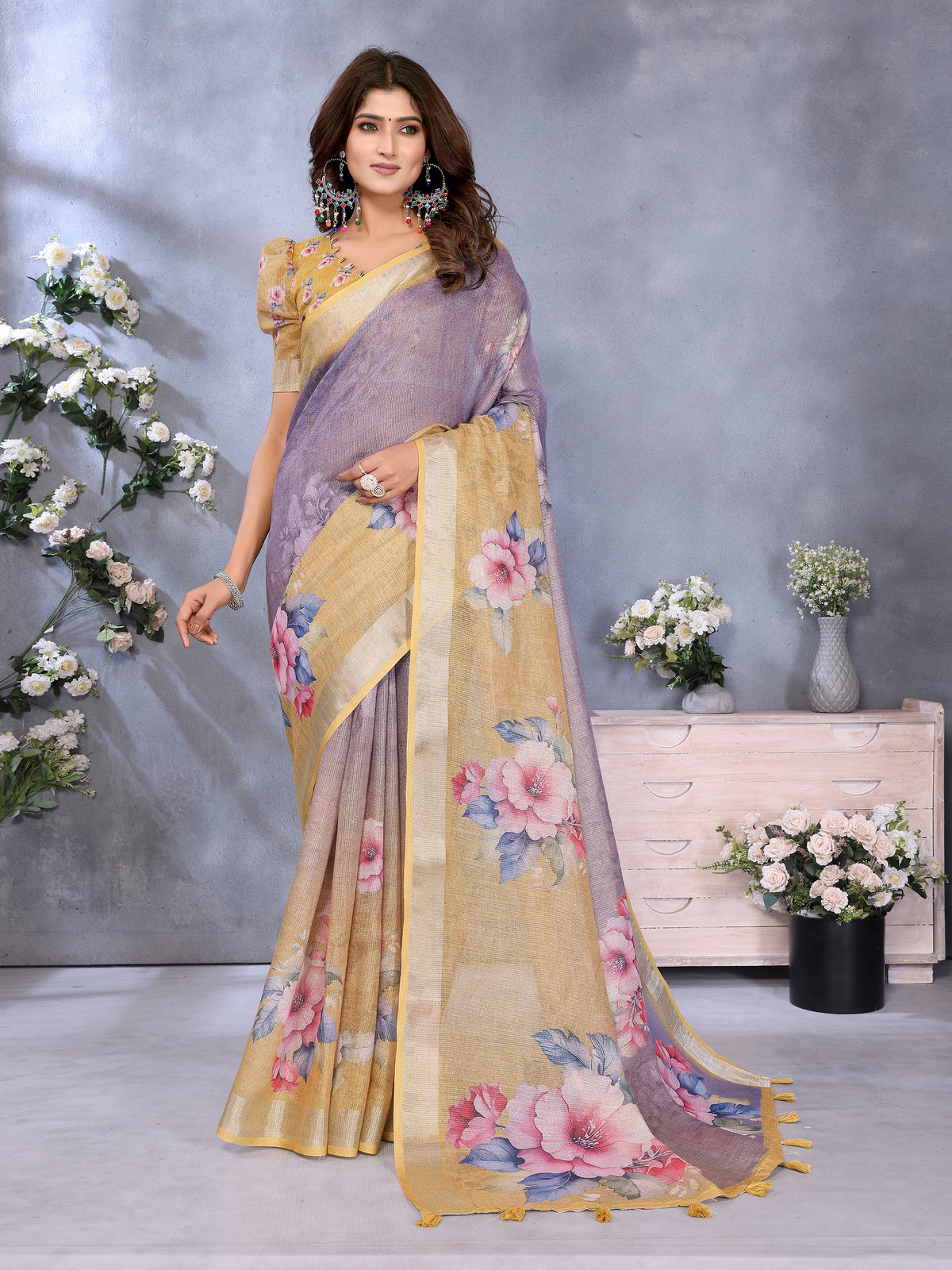 Lavender Shimmer Linen Cotton Floral Print Saree! for Women