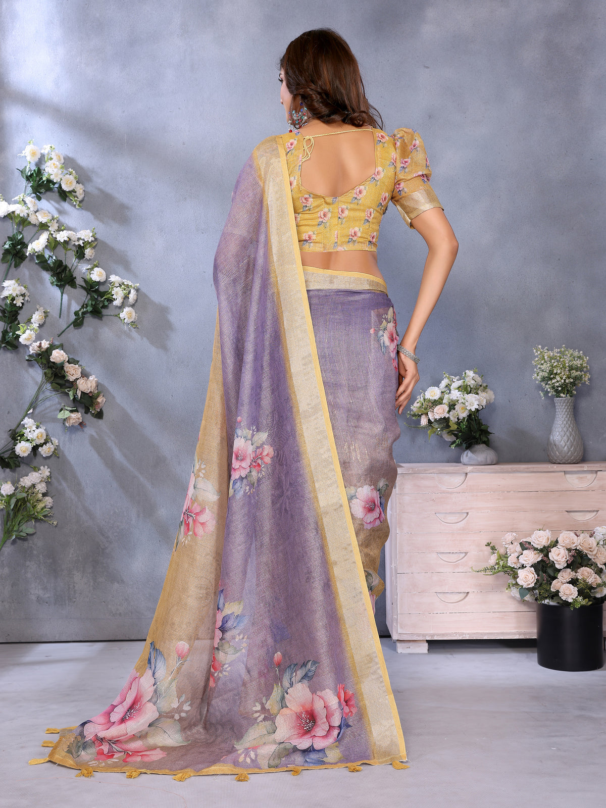 Lavender Shimmer Linen Cotton Floral Print Saree! for Women