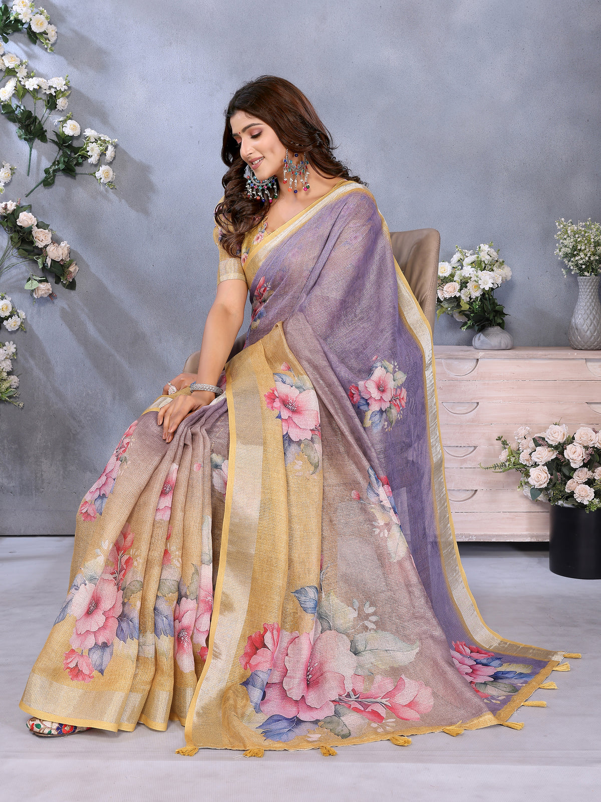 Lavender Shimmer Linen Cotton Floral Print Saree! for Women
