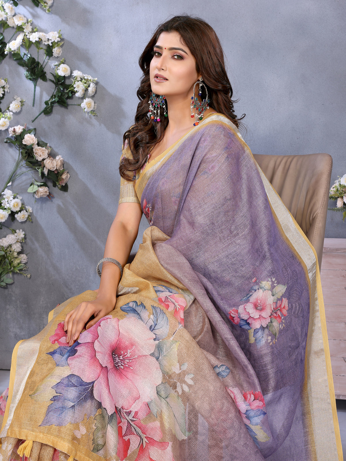 Lavender Shimmer Linen Cotton Floral Print Saree! for Women