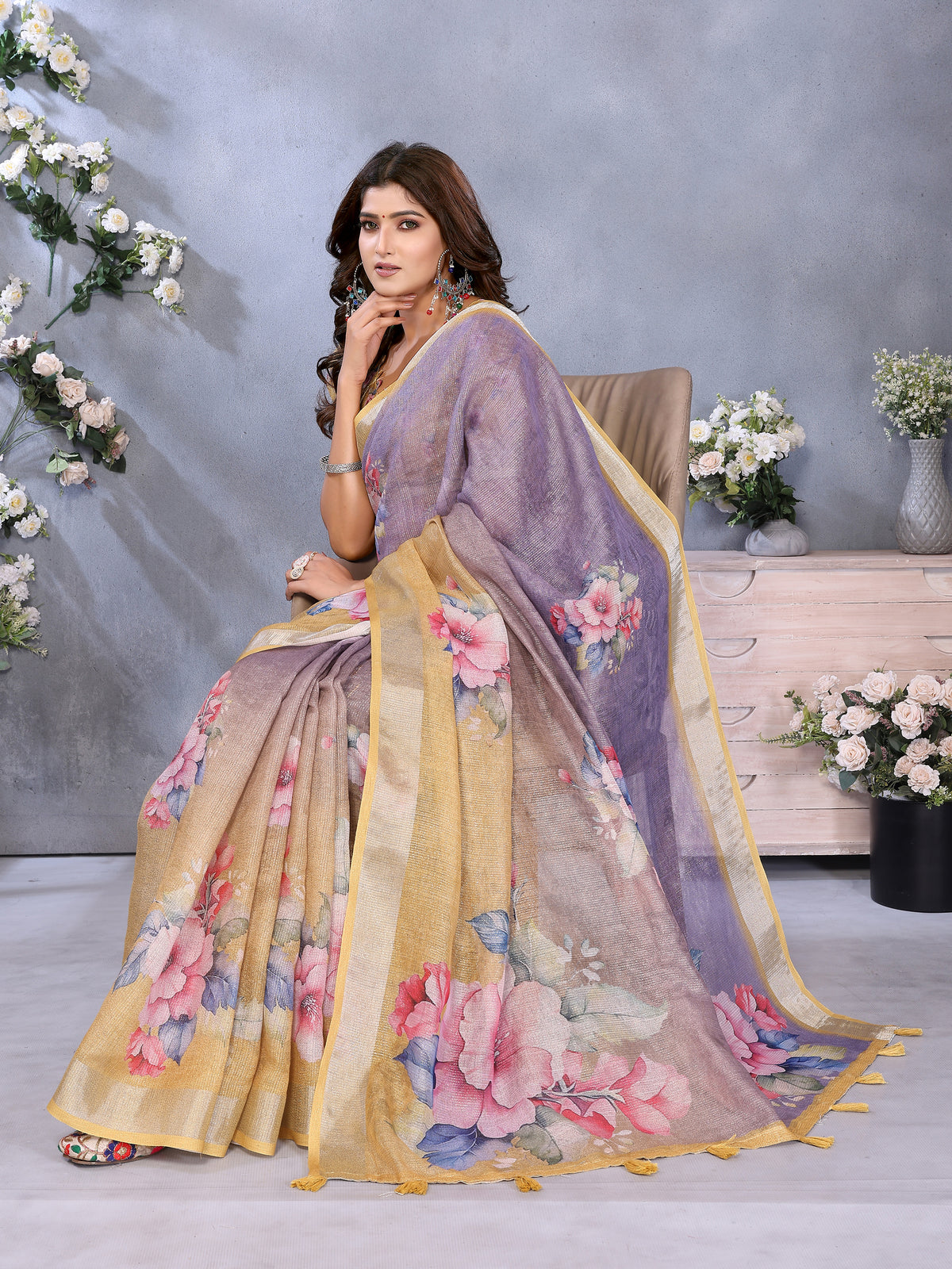 Lavender Shimmer Linen Cotton Floral Print Saree! for Women