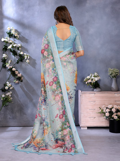 Aqua Blue Floral Shimmer Linen Cotton Saree for Women