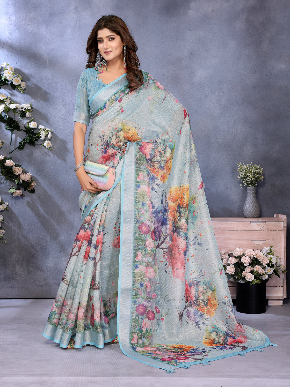 Aqua Blue Floral Shimmer Linen Cotton Saree for Women