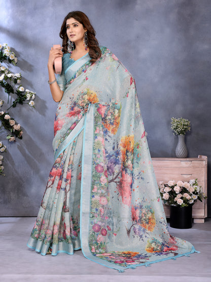 Aqua Blue Floral Shimmer Linen Cotton Saree for Women