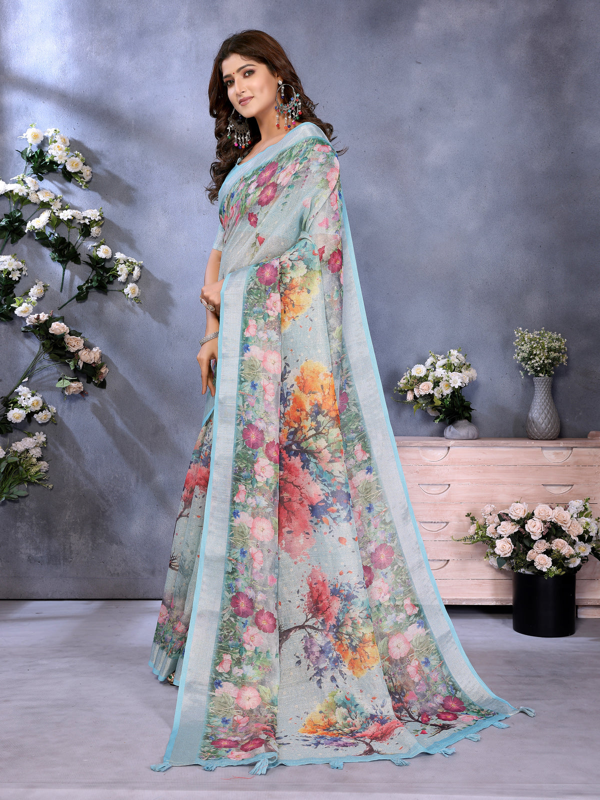 Aqua Blue Floral Shimmer Linen Cotton Saree for Women