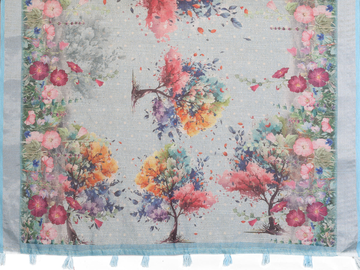 Aqua Blue Floral Shimmer Linen Cotton Saree for Women