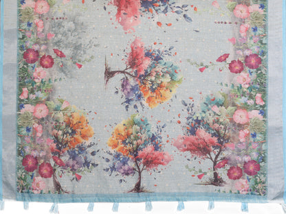 Aqua Blue Floral Shimmer Linen Cotton Saree for Women