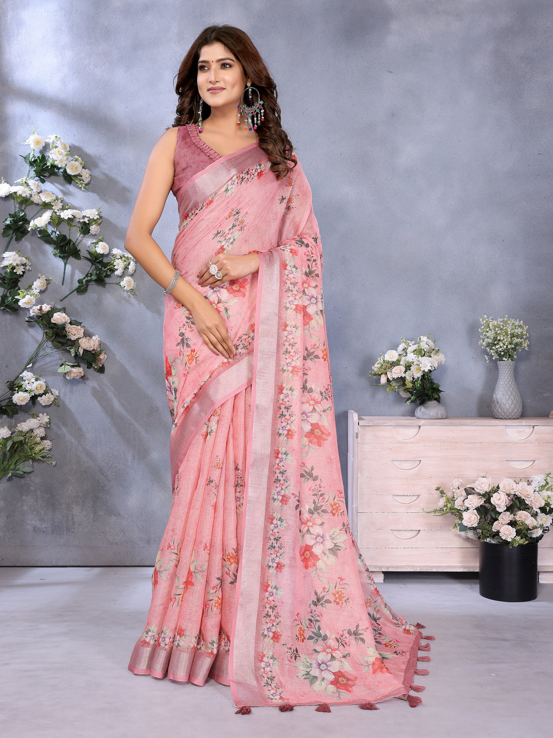 Pink Floral Shimmer Linen Cotton Saree with Printed Tassels for Women