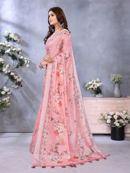 Pink Floral Shimmer Linen Cotton Saree with Printed Tassels for Women