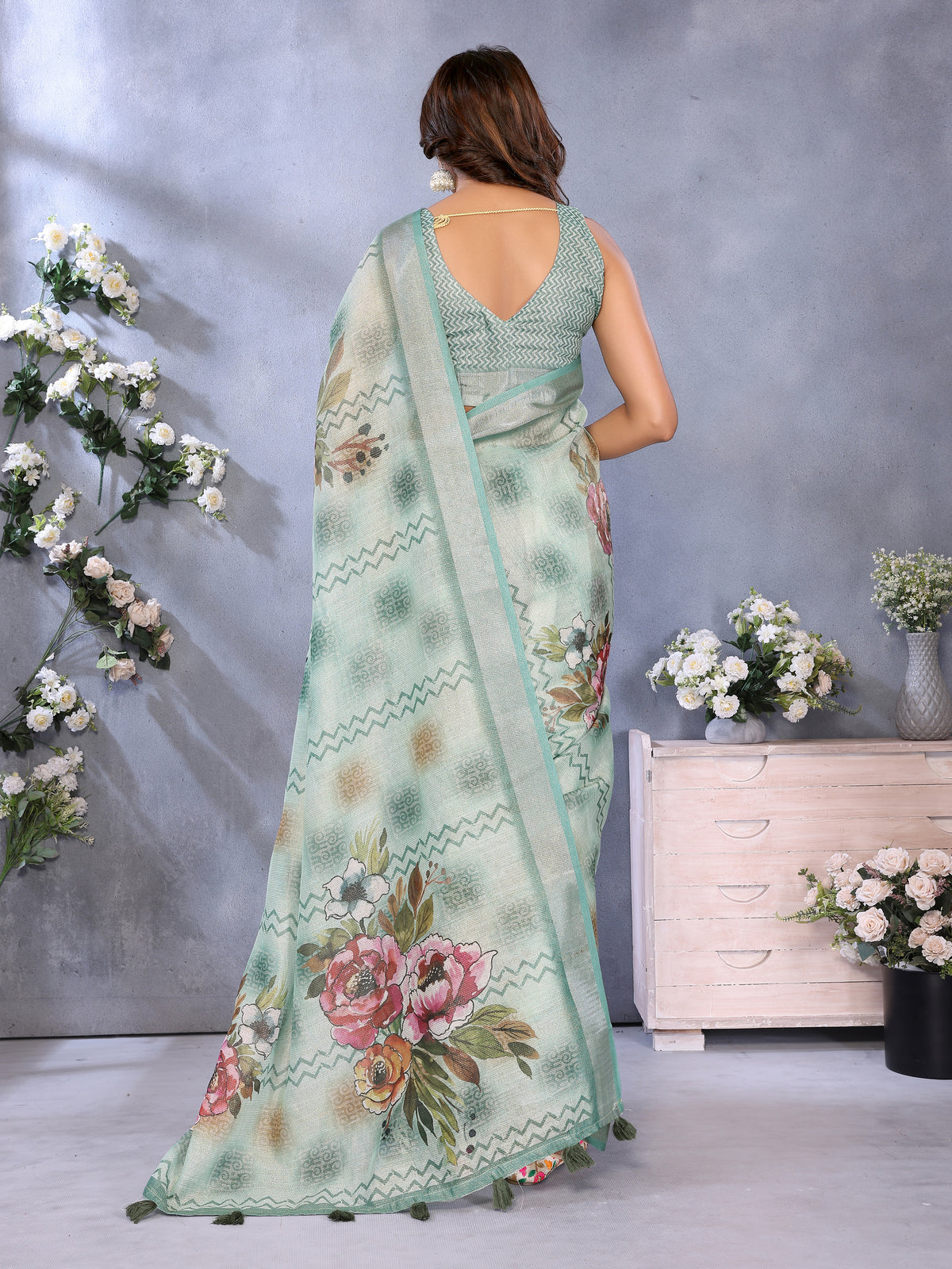 Mint Green Floral Print Shimmer Linen Cotton Saree for Women