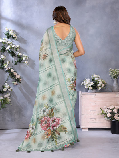 Mint Green Floral Print Shimmer Linen Cotton Saree for Women
