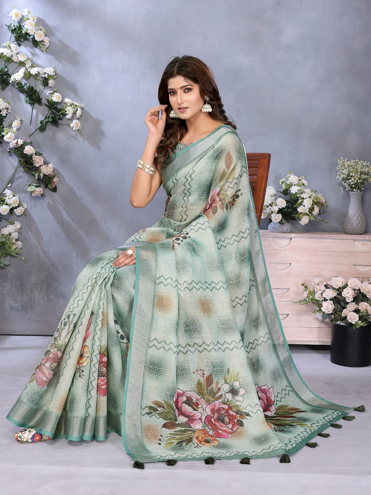 Mint Green Floral Print Shimmer Linen Cotton Saree for Women