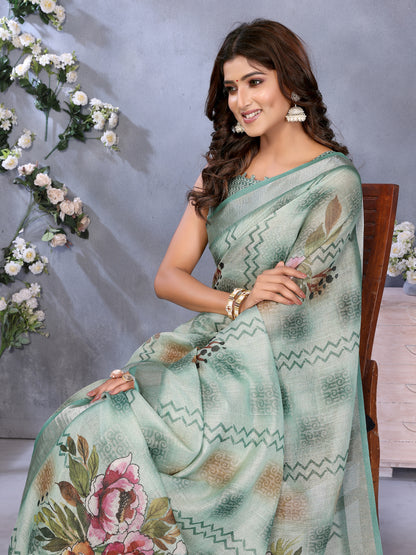 Mint Green Floral Print Shimmer Linen Cotton Saree for Women