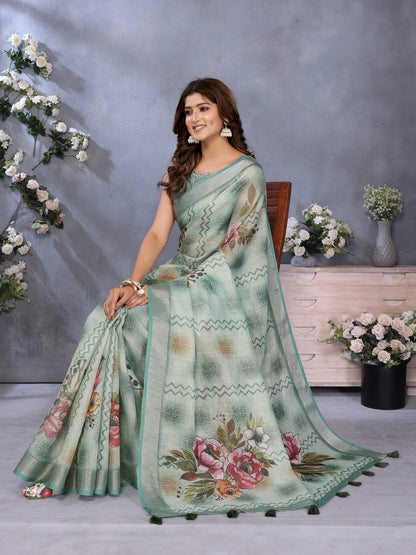 Mint Green Floral Print Shimmer Linen Cotton Saree for Women