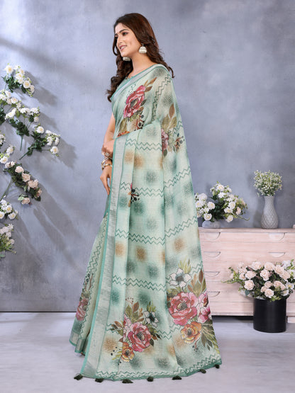 Mint Green Floral Print Shimmer Linen Cotton Saree for Women