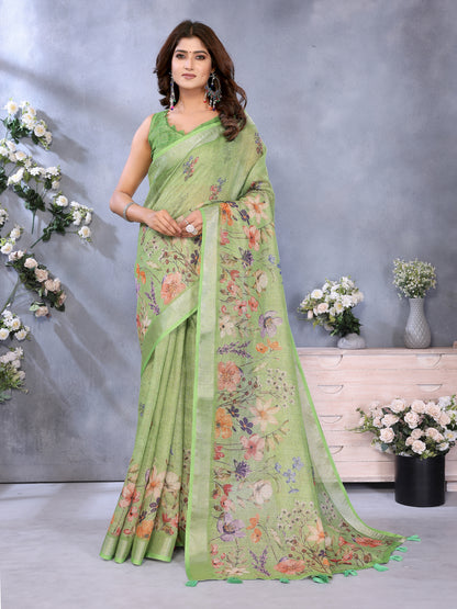 Pastel Green Floral Print Shimmer Linen Cotton Saree for Women