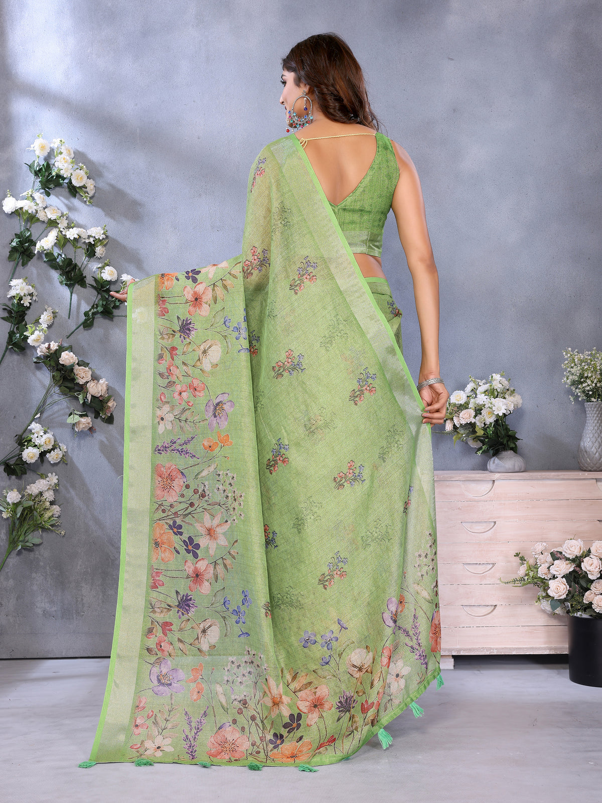 Pastel Green Floral Print Shimmer Linen Cotton Saree for Women