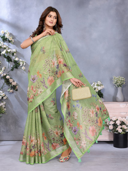Pastel Green Floral Print Shimmer Linen Cotton Saree for Women