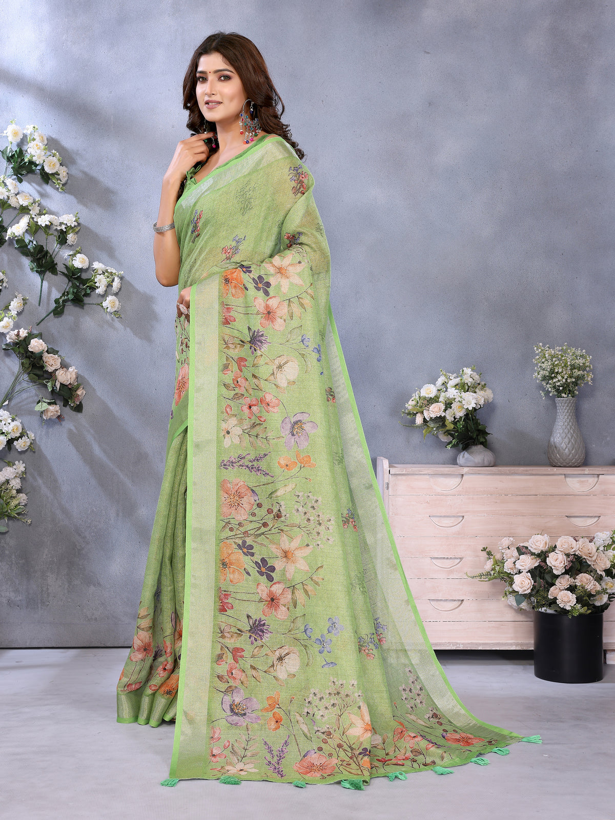 Pastel Green Floral Print Shimmer Linen Cotton Saree for Women