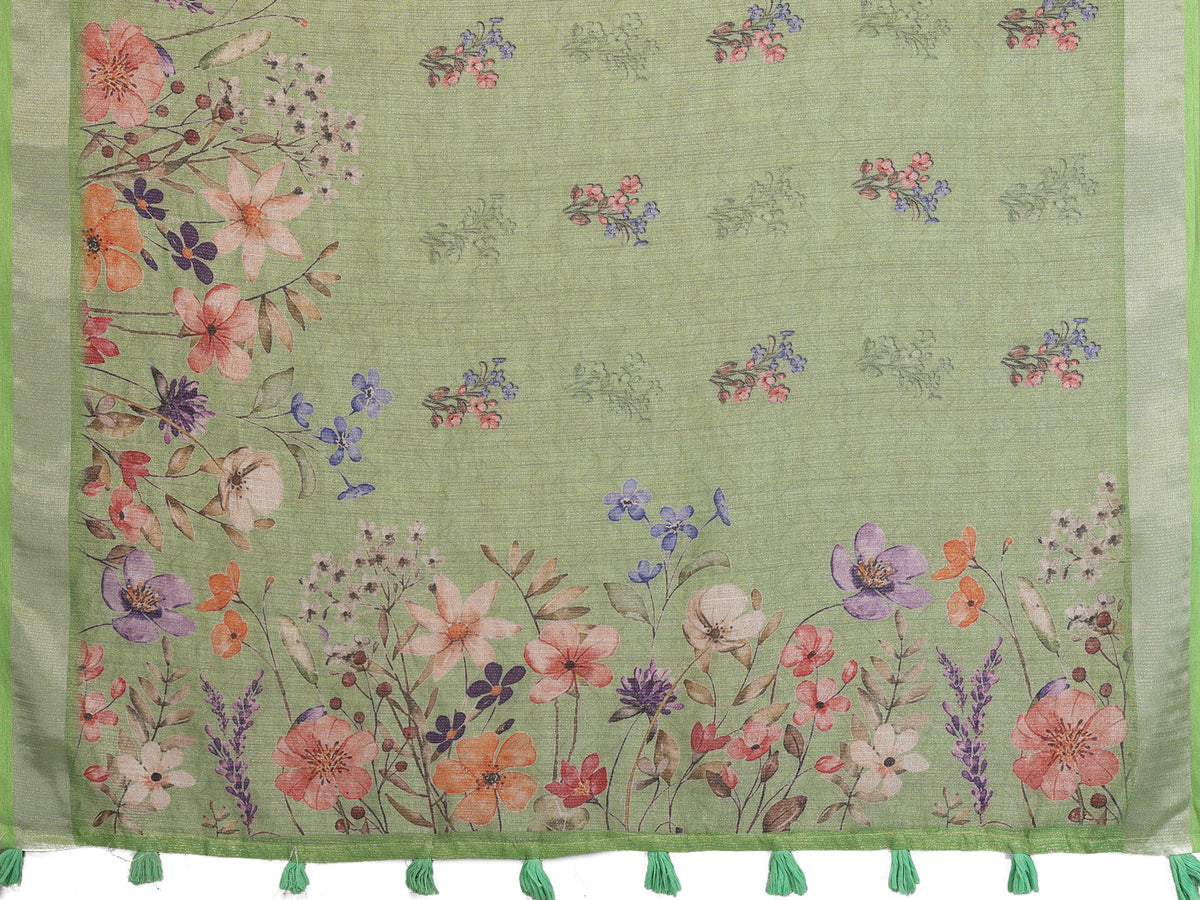 Pastel Green Floral Print Shimmer Linen Cotton Saree for Women