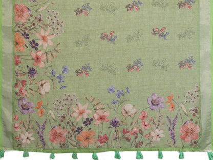 Pastel Green Floral Print Shimmer Linen Cotton Saree for Women