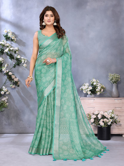 Mint Green Floral Shimmer Linen Cotton Saree for Women