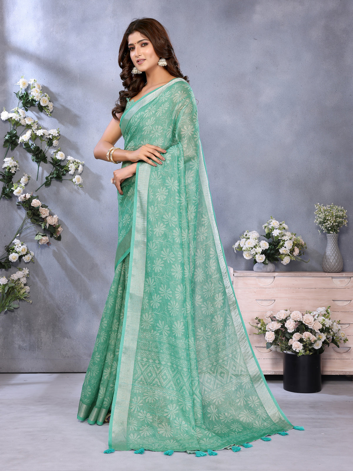Mint Green Floral Shimmer Linen Cotton Saree for Women