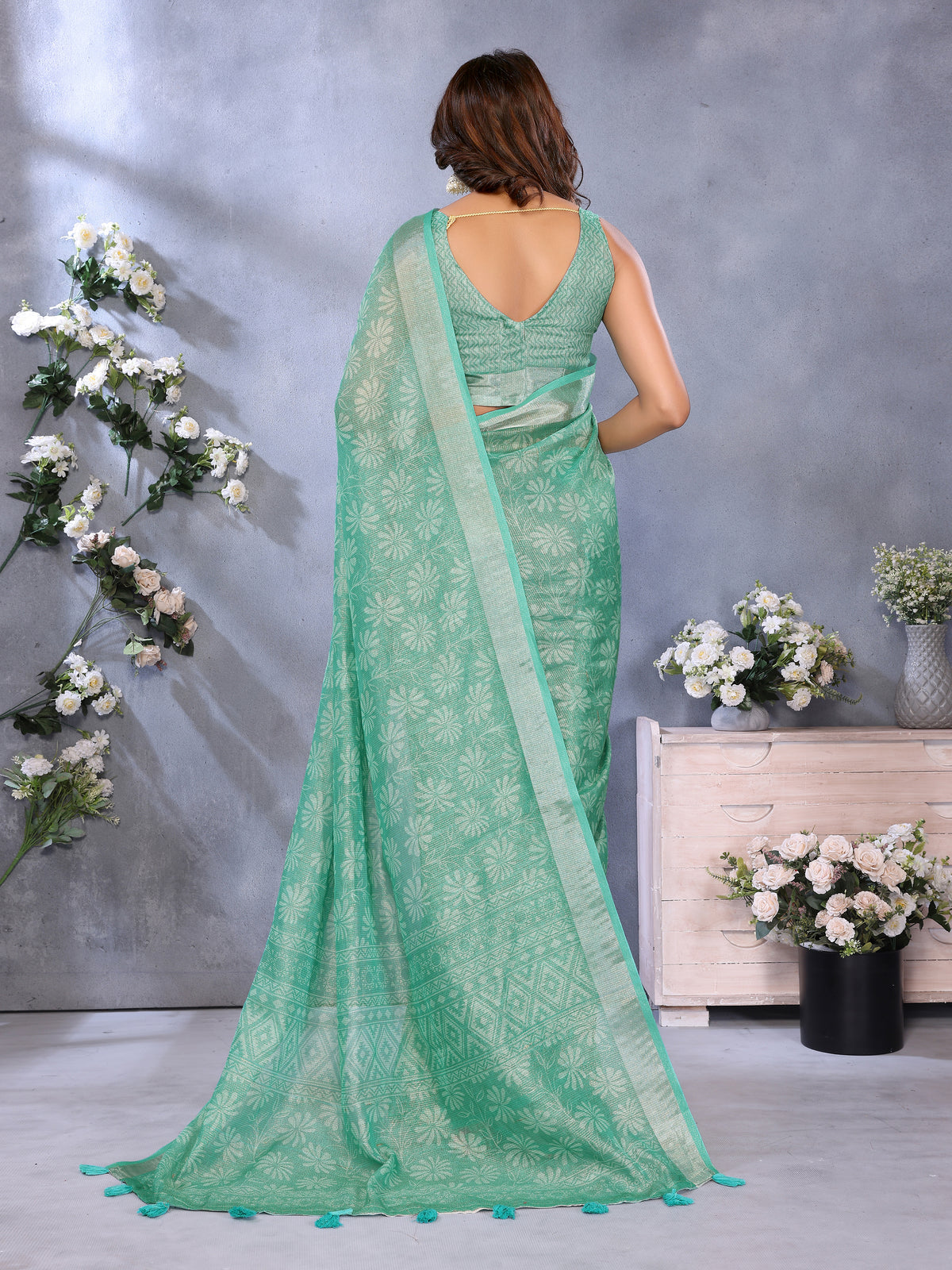 Mint Green Floral Shimmer Linen Cotton Saree for Women
