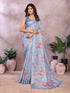 Powder Blue Floral Shimmer Linen Cotton Saree with Tassels for Women