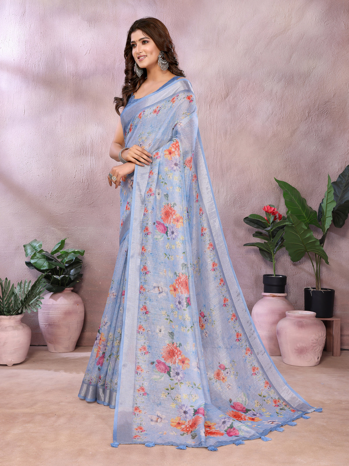 Powder Blue Floral Shimmer Linen Cotton Saree with Tassels for Women