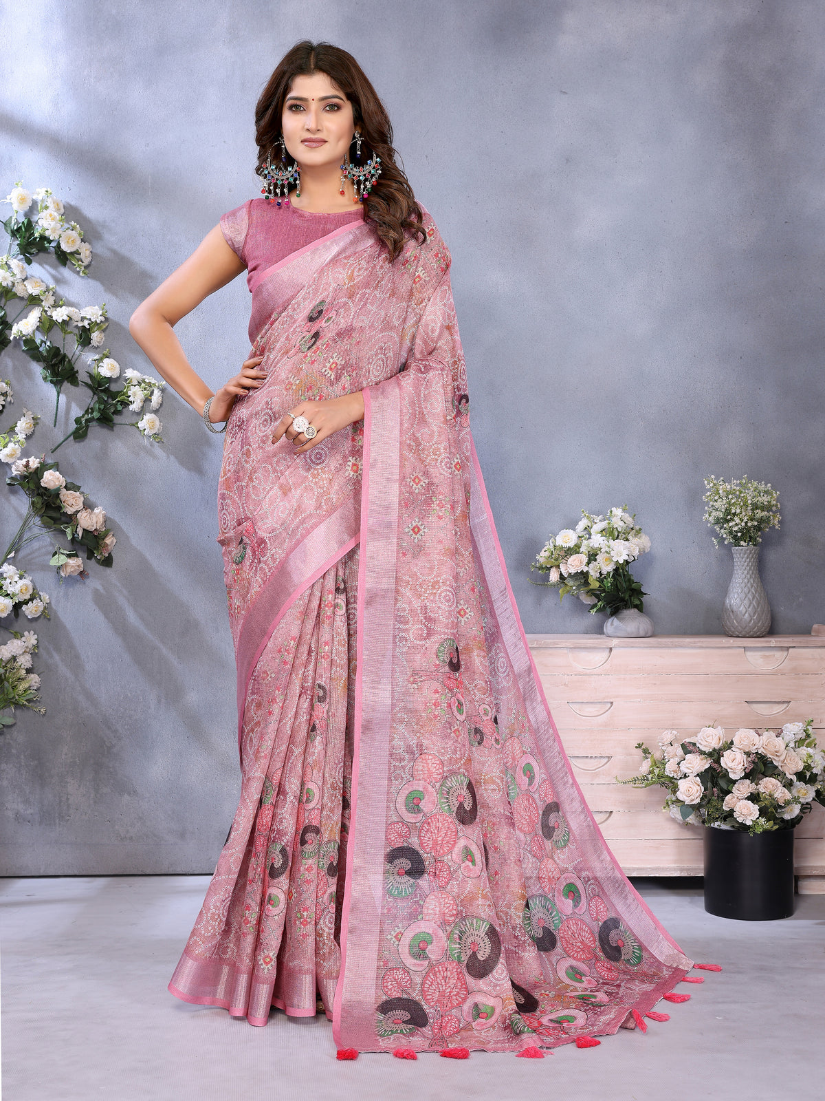 Rose Pink Printed Shimmer Linen Cotton Saree for Women