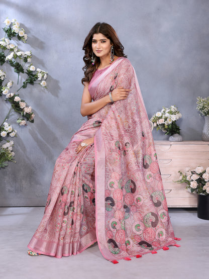 Rose Pink Printed Shimmer Linen Cotton Saree for Women