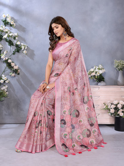 Rose Pink Printed Shimmer Linen Cotton Saree for Women