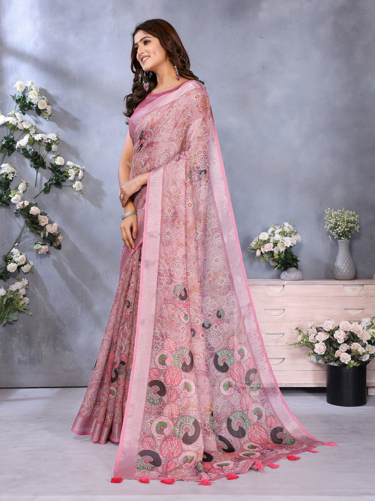 Rose Pink Printed Shimmer Linen Cotton Saree for Women