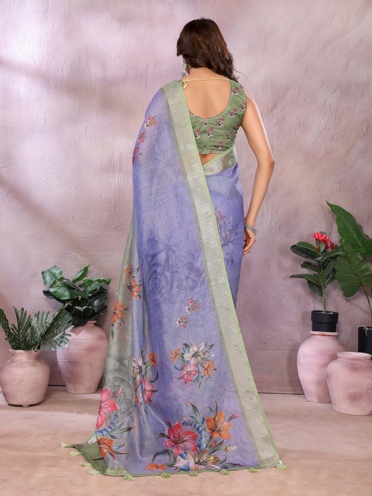 Lavender Floral Printed Shimmer Linen Cotton Saree for Women