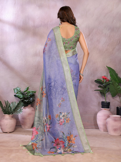 Lavender Floral Printed Shimmer Linen Cotton Saree for Women