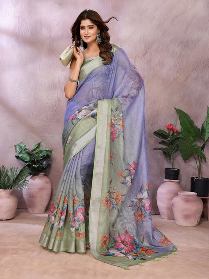 Lavender Floral Printed Shimmer Linen Cotton Saree for Women