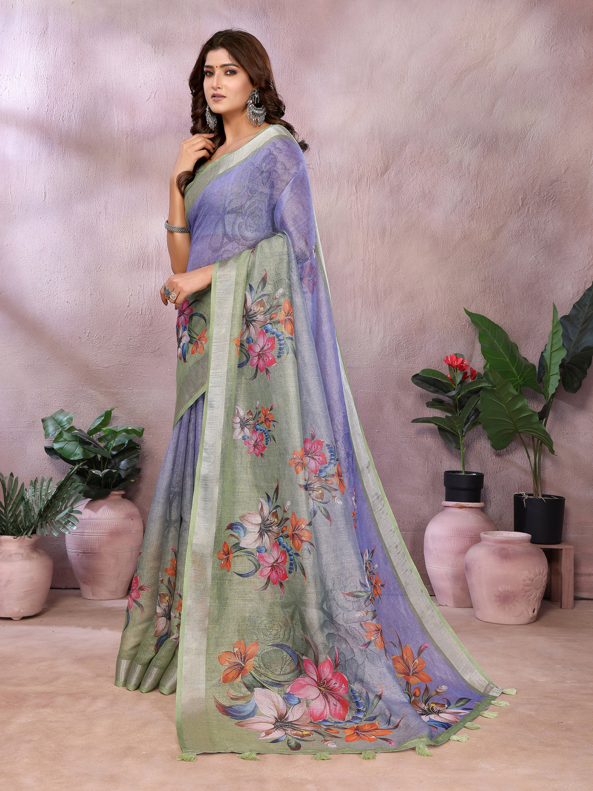 Lavender Floral Printed Shimmer Linen Cotton Saree for Women