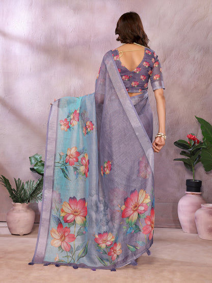 Lavender Floral Shimmer Linen Cotton Saree for Women