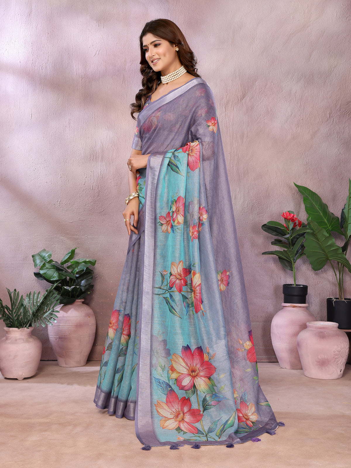 Lavender Floral Shimmer Linen Cotton Saree for Women