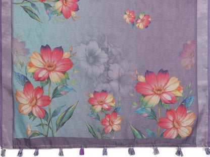 Lavender Floral Shimmer Linen Cotton Saree for Women
